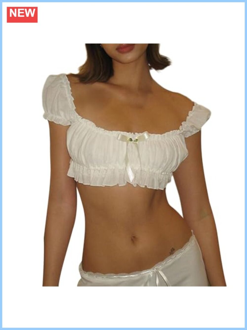 Off Shoulder Ruffle Crop Top Short Sleeve Backless 3D Bow Slim Fit Y2K